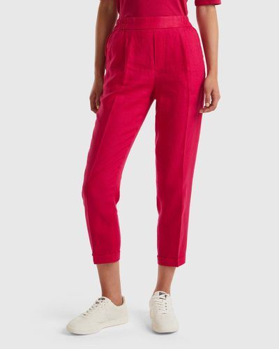 Benetton Regular Fit Pure Linen Trousers - Red