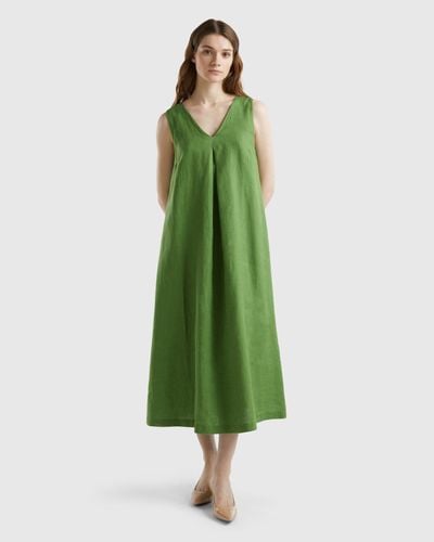 Benetton Sleeveless Dress In Pure Linen - Green