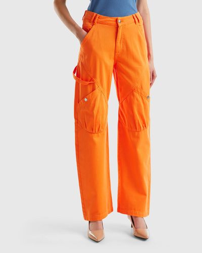 Benetton Cargo Trousers In Cotton - Orange