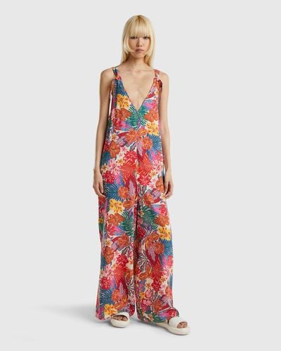 Benetton Floral Jumpsuit In Sustainable Viscose - Black