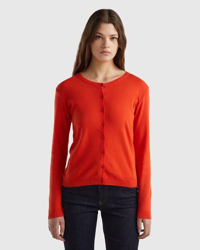 Benetton Crew Neck Cardigan In Pure Cotton - Red