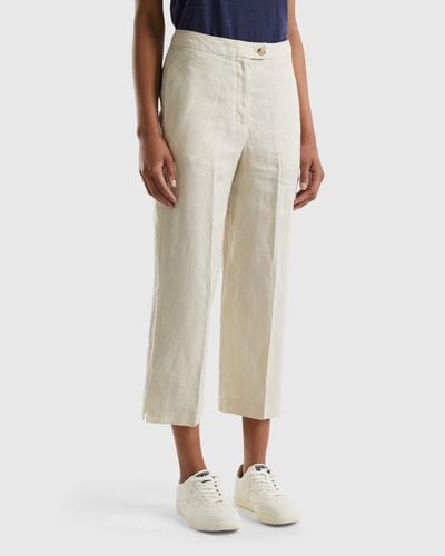 Benetton Cropped Trousers In Pure Linen - Black