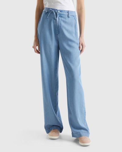 Benetton Wide Trousers In Sustainable Viscose - Blue