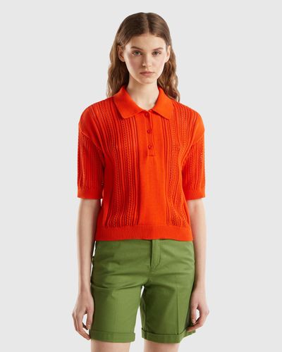 Benetton Crochet Knit Polo Shirt - Red
