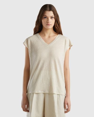 Benetton V-neck T-shirt In Pure Linen - Natural