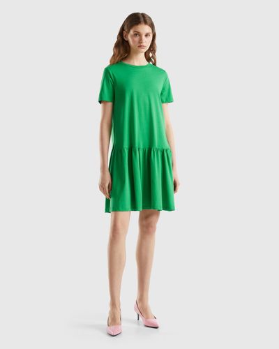 Benetton Short Dress In Long Fibre Cotton - Green