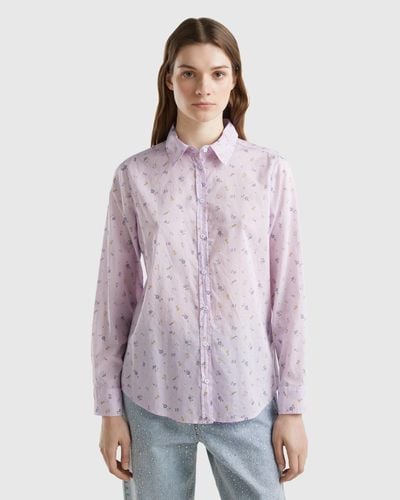 Benetton Camisa Estampada De 100 % Algodón - Morado