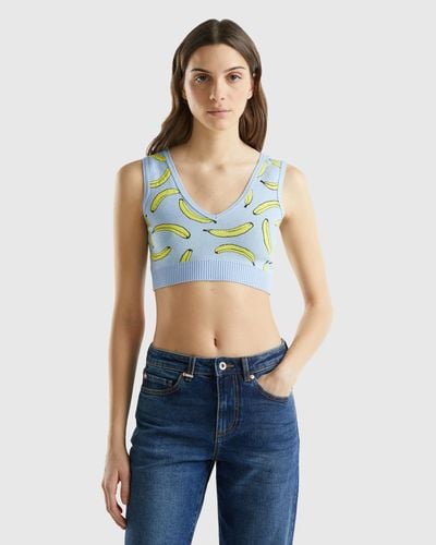 Benetton Top Bra Celeste Con Pattern Banane - Nero