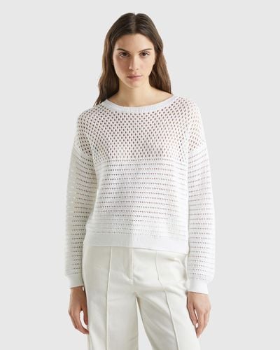 Benetton Boxy Fit Jumper With Open Knit - White