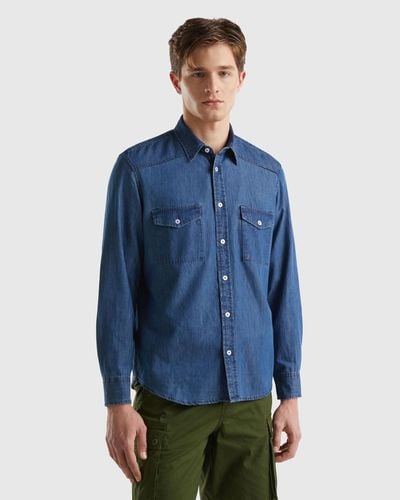 Benetton Camicia Regular Fit In Chambray - Blu