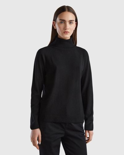 Benetton Jersey De Cuello Alto Negro En Mezcla De Lana Y Cachemir