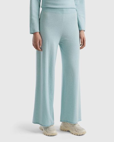 Benetton Aqua Wide Leg Trousers In Cashmere And Wool Blend - Blue