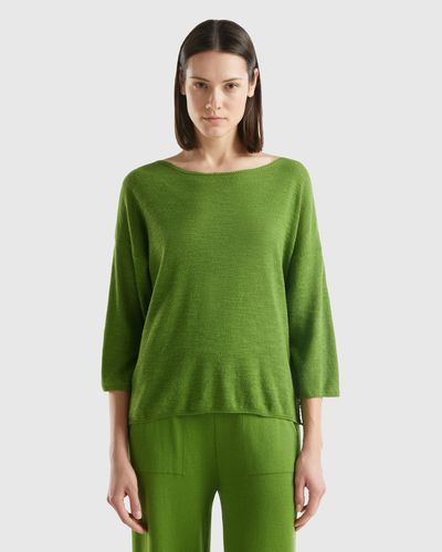 Benetton Jumper In Linen Blend With 3/4 Sleeves - Green