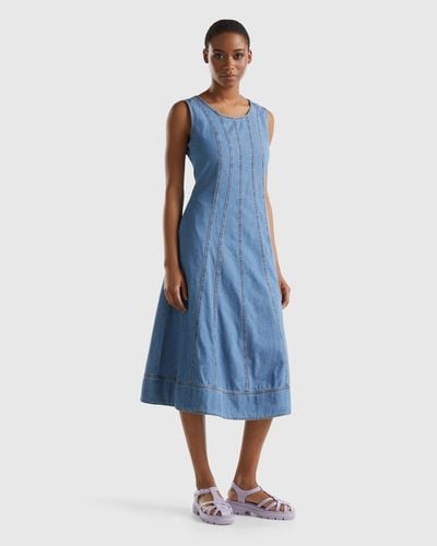 Benetton Fitted Chambray Dress - Blue