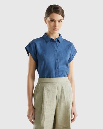 Benetton Boxy Fit Shirt In Pure Linen - Blue