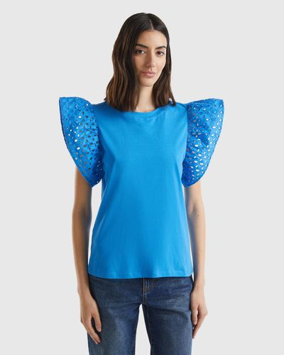 Benetton T-shirt With Ruffled Sleeves - Blue