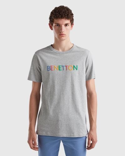 Benetton T-shirt Grigia In Cotone Bio Con Logo Multicolor - Nero