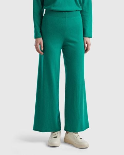 Benetton Wide Water Green Trousers In Wool And Cashmere Blend