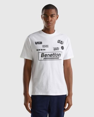 Benetton T-shirt Blanc À Imprimés Logos - Noir