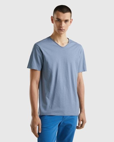 Benetton Camiseta De 100 % Algodón Con Escote De Pico - Azul