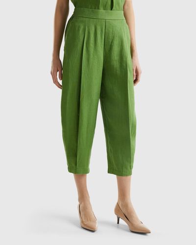 Benetton Trousers In Pure Linen - Green