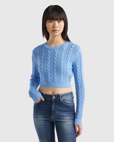 Benetton Cropped Cable Knit Jumper - Blue