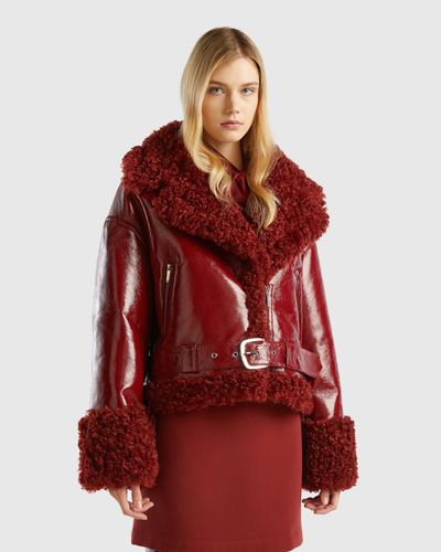 Benetton Biker Jacket In Imitation Leather And Faux Fur - Red