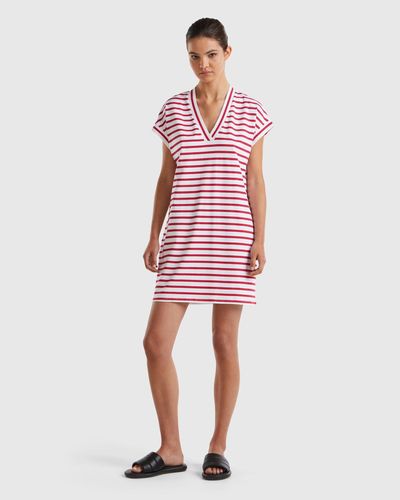 Benetton Striped Dress With V-neck - Red