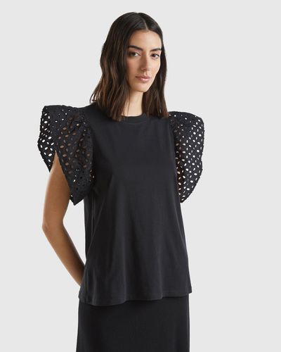 Benetton T-shirt With Ruffled Sleeves - Black