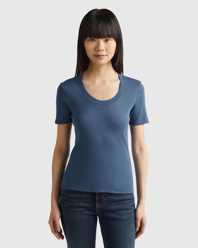 Benetton Short Sleeve T-shirt In Long Fibre Cotton - Blue