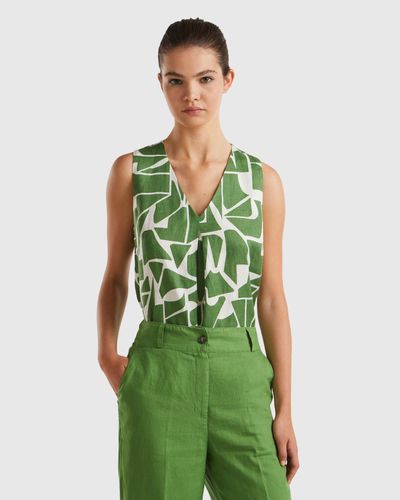 Benetton Printed Linen Blouse - Green