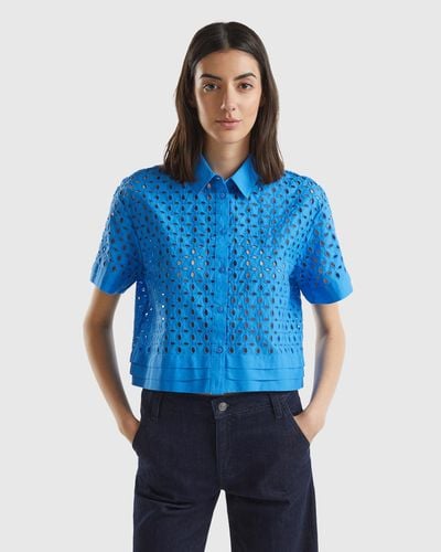 Benetton Short Sleeve Shirt In Broderie Anglaise - Blue