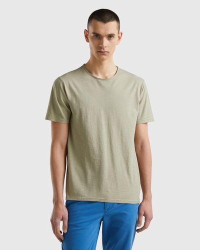 Benetton T-shirt Verde Salvia In Cotone Fiammato - Blu