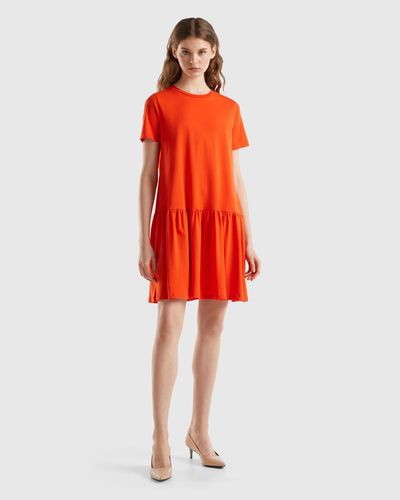 Benetton Short Dress In Long Fibre Cotton - Red