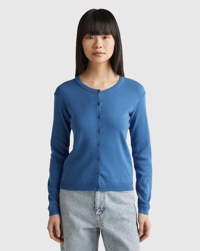 Benetton Cardigan Girocollo In Puro Cotone - Blu