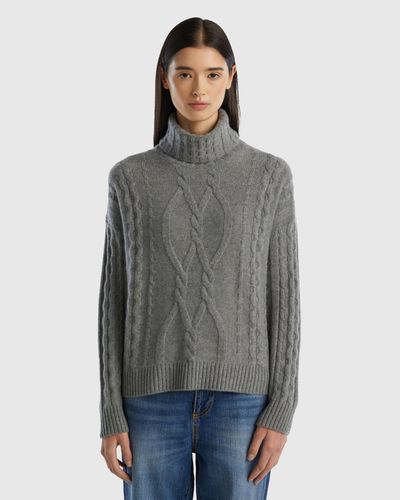 Benetton Pure Cashmere Turtleneck With Cable Knit - Grey