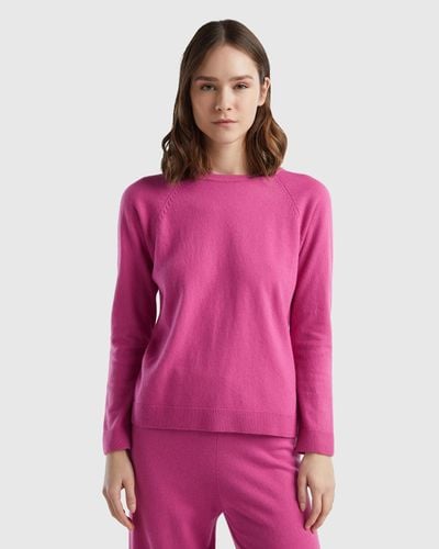 Benetton Pink Crew Neck Jumper In Cashmere And Wool Blend