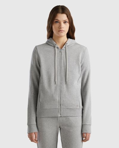 Benetton Sweat Zippé 100 % Coton À Capuche - Gris