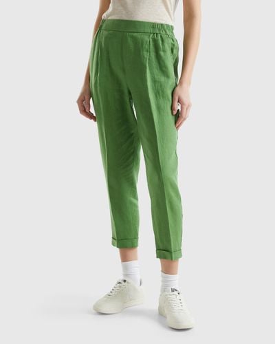 Benetton Cropped Trousers In 100% Linen - Green