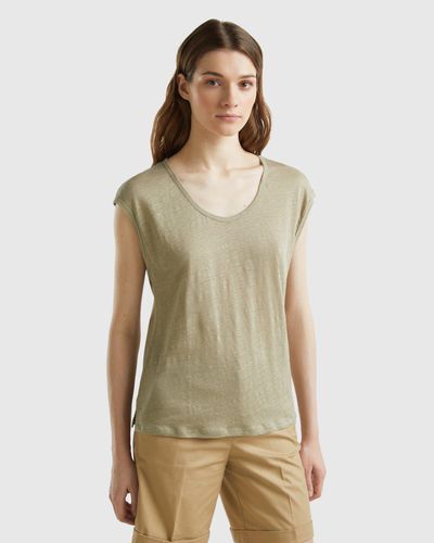 Benetton Wide Neck T-shirt In Pure Linen - Natural