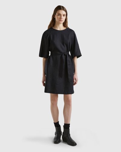 Benetton Short Dress In Pure Linen - Black