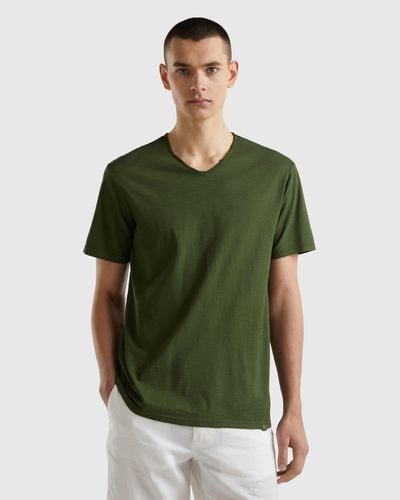 Benetton T-shirt 100% Cotone Con Scollo A V - Verde