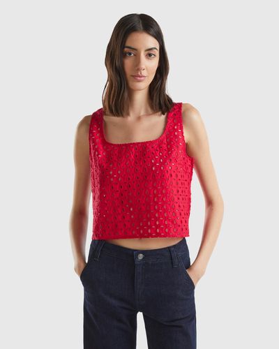 Benetton Sleeveless Blouse In Broderie Anglaise - Red