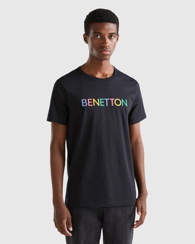 Benetton Black T-shirt In Organic Cotton With Logo Print