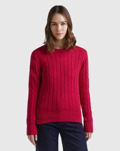 Benetton Cable Knit Jumper 100% Cotton - Red