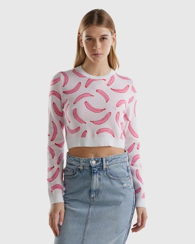 Benetton Light Pink Cropped Jumper With Banana Pattern - Black