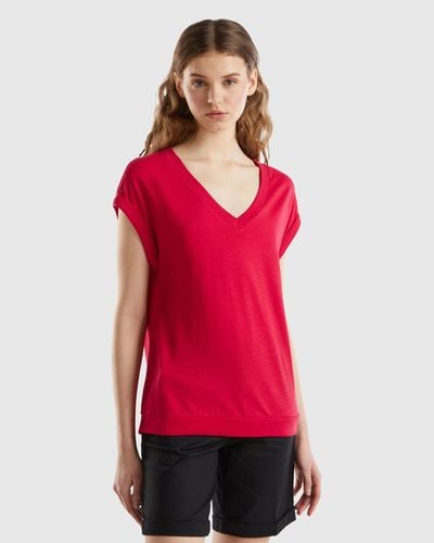Benetton T-shirt With V-neck - Red