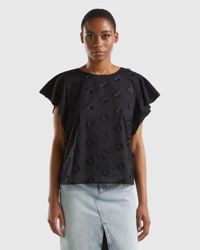 Benetton Camiseta Con Flores Bordadas - Negro