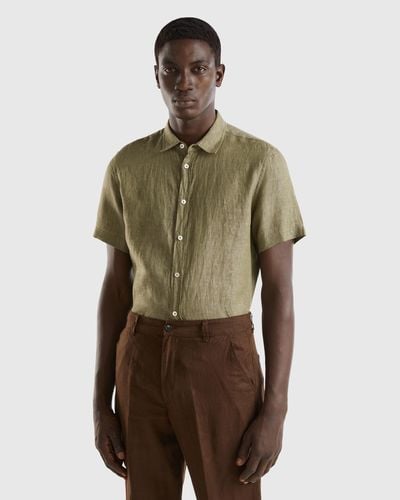 Benetton 100% Linen Short Sleeve Shirt - Green