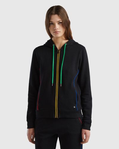 Benetton Sweat Zippé 100 % Coton À Capuche - Noir